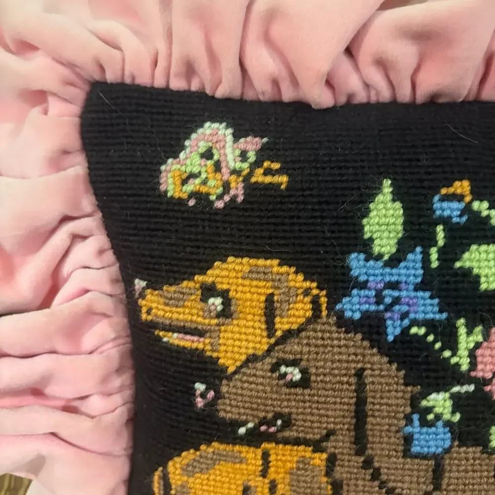 Grandmillennial Dachshund Needlepoint Accent Pillow Pink Velvet Ruffle Handmade